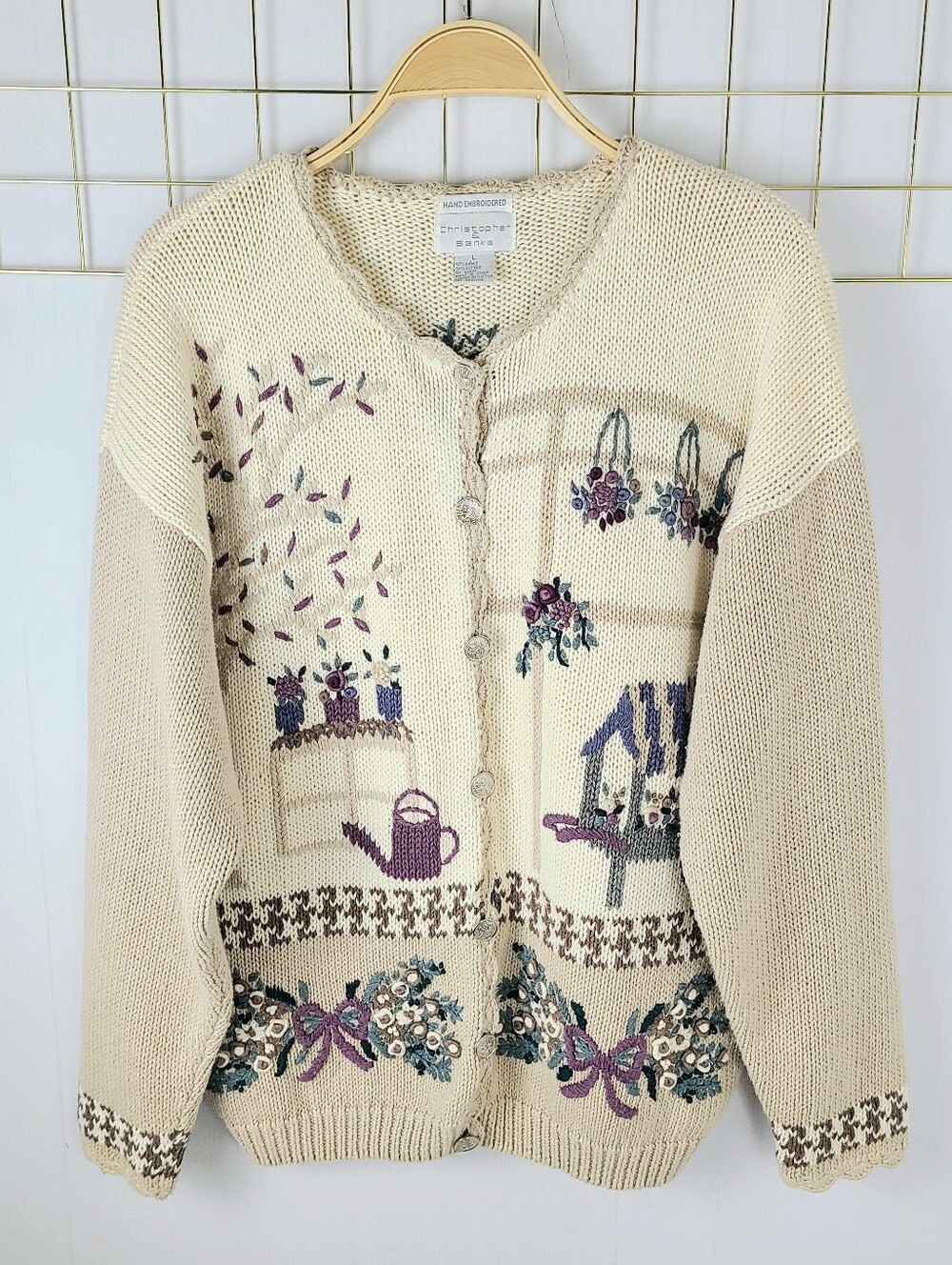 Hand Embroidered Floral Garden Ramie Blend Cardigan 90s Vintage Grandma Sweater